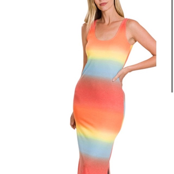 PRINT SCOOP NECK SLEEVELESS MIDI DRESS SIDE SLITS - Picture 1 of 3